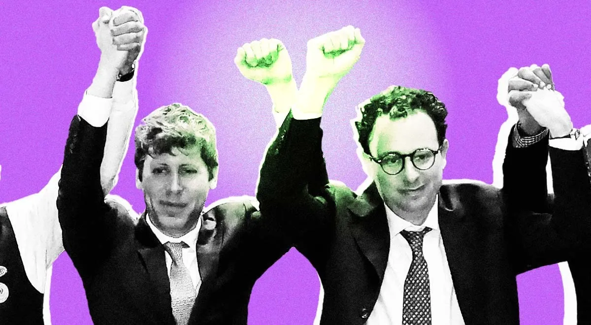 Sam Altman and Dario Amodei raising opposite hands instead of holding them